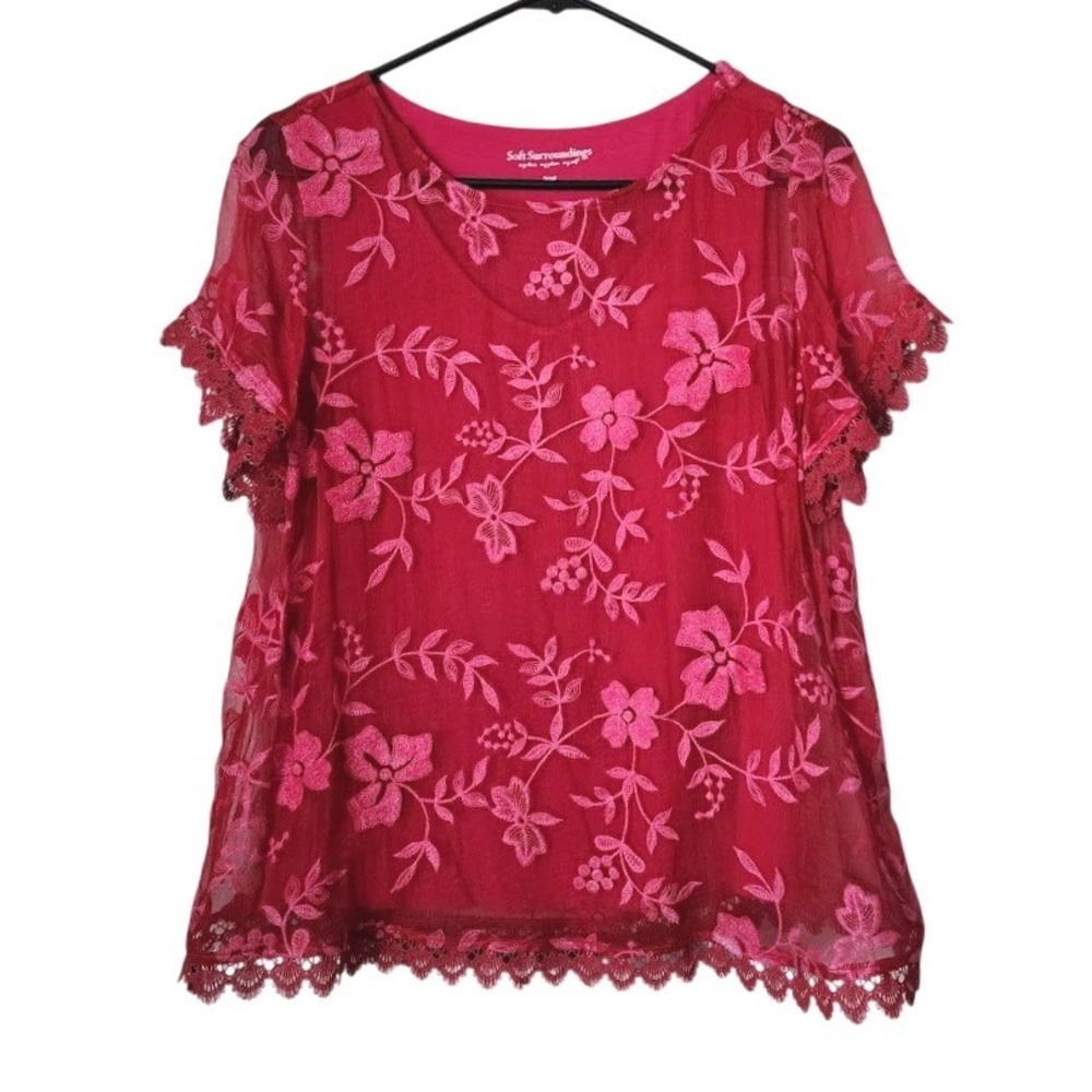 SOFT SURROUNDINGS Silk Top Pink Floral Lace Boho Cottagecore Fairycore S